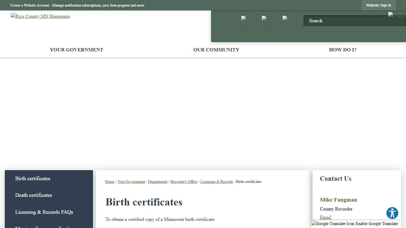 Birth certificates Rice County, MN