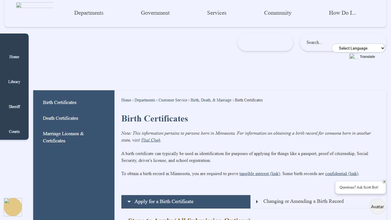 Birth Certificates Scott County, MN