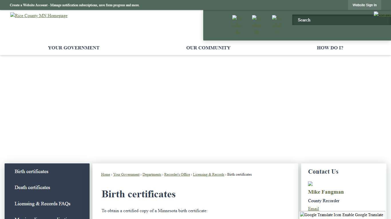 Birth certificates Rice County, MN